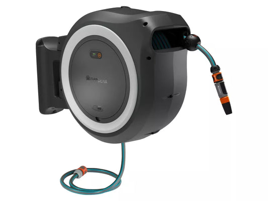 Gardena Akku-Wand-Schlauchbox PowerRoll XL 18 V - Akku-Automatik, 35 m Schlauch, 180° schwenkbar
