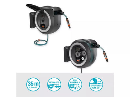 Gardena Akku-Wand-Schlauchbox PowerRoll XL 18 V - Akku-Automatik, 35 m Schlauch, 180° schwenkbar